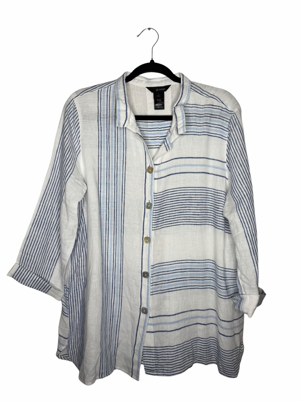 ALI MILES / white blue striped linen blend button front blouse top / L